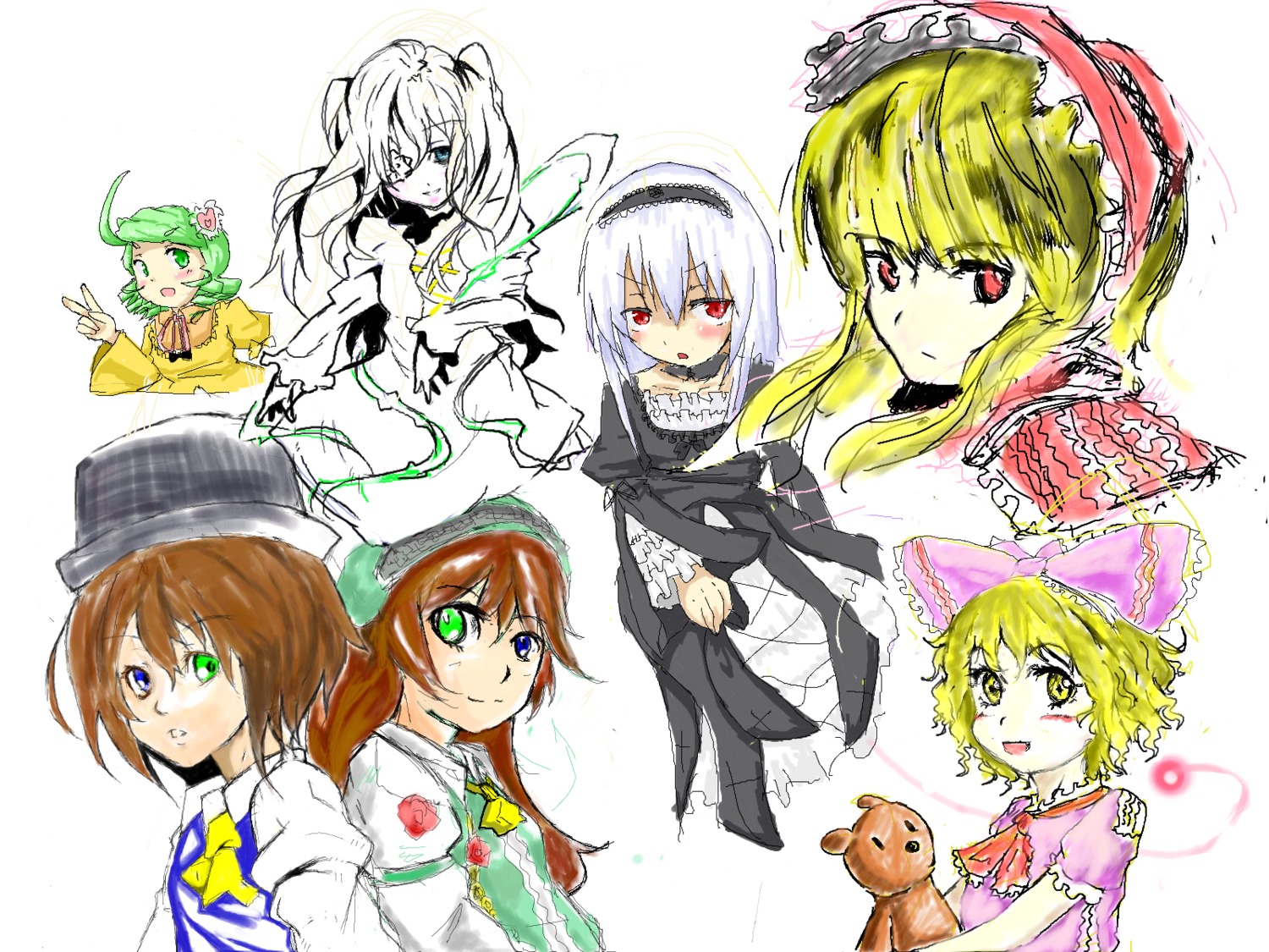 blonde_hair blue_eyes bow brown_hair dress frills green_eyes green_hair hairband heterochromia hina_ichigo image kanaria long_hair multiple multiple_girls open_mouth pink_bow red_eyes shinku short_hair siblings silver_hair sisters smile souseiseki stuffed_animal suigintou suiseiseki tagme teddy_bear twins twintails v