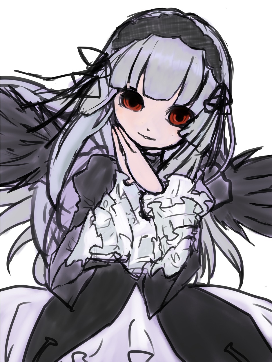 1girl auto_tagged bangs black_wings closed_mouth dress frilled_sleeves frills hairband image long_hair long_sleeves looking_at_viewer red_eyes rose silver_hair simple_background solo suigintou upper_body white_background wings