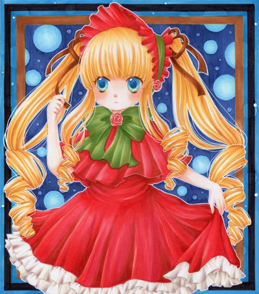 1girl blonde_hair blue_background blue_eyes bonnet bow bowtie colored_pencil_(medium) dress drill_hair flower frills green_bow image long_hair long_sleeves looking_at_viewer marker_(medium) millipen_(medium) pastel_(medium) pink_flower pink_rose ringlets rose shikishi shinku sidelocks solo traditional_media twin_drills twintails