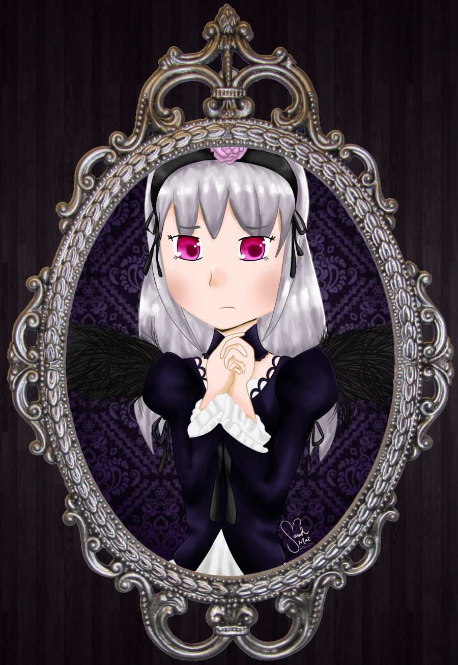 1girl black_wings detached_collar dress flower hairband image juliet_sleeves long_hair long_sleeves looking_at_viewer pink_eyes puffy_sleeves ribbon silver_hair solo suigintou upper_body wings