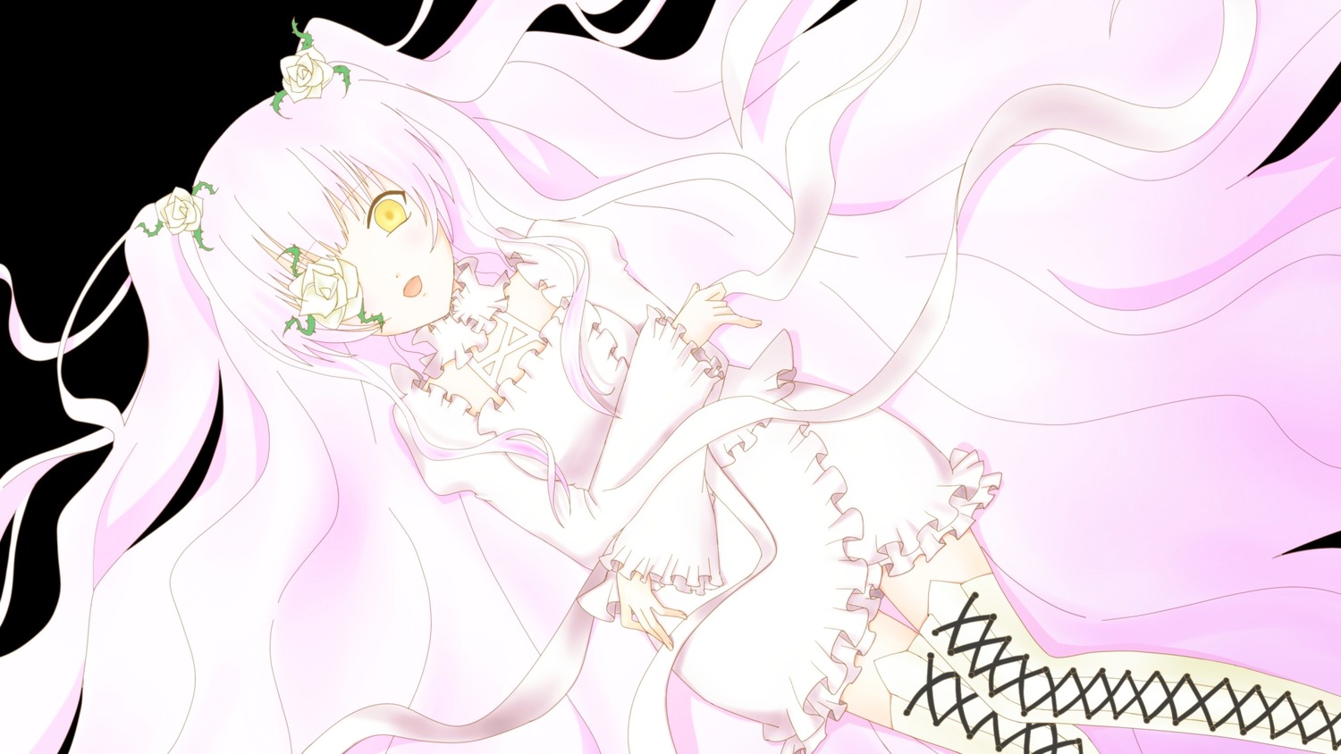 1girl boots cross-laced_footwear dress eyepatch flower frills hair_flower hair_ornament image kirakishou long_hair pink_hair rose solo thigh_boots thighhighs very_long_hair yellow_eyes