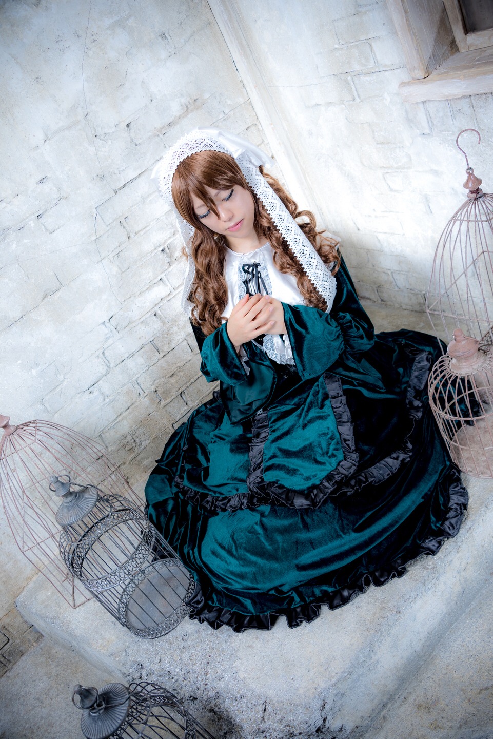 1girl birdcage blue_dress brown_hair cage dress frills lolita_fashion long_hair sitting smile solo