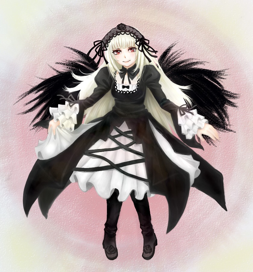 1girl black_dress black_footwear black_ribbon black_wings blush boots cross-laced_clothes dress frills full_body hairband image juliet_sleeves knee_boots lolita_fashion long_hair long_sleeves looking_at_viewer puffy_sleeves red_eyes ribbon rose smile solo standing suigintou wings