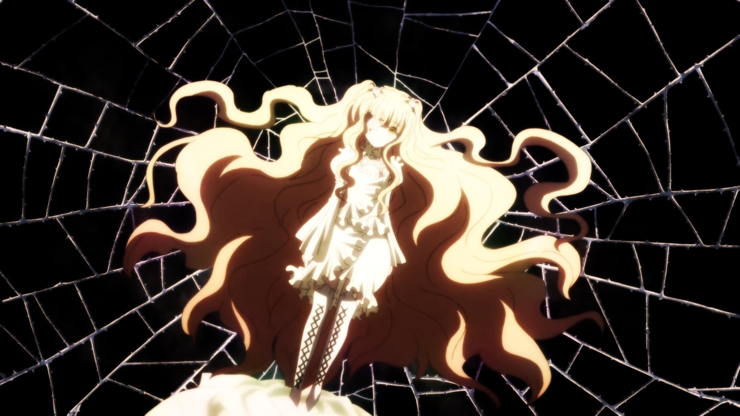 1girl bare_shoulders dress image kirakishou long_hair solo tile_floor tiles very_long_hair wavy_hair white_dress