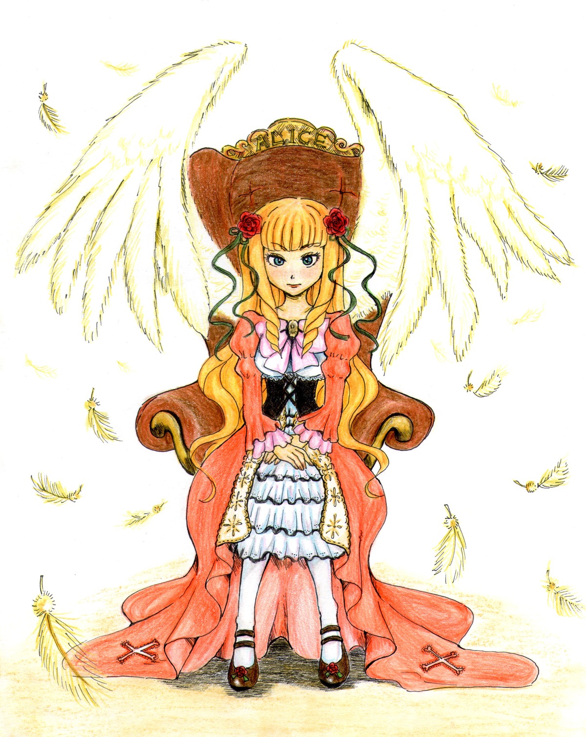 1girl angel_wings blonde_hair blue_eyes bow bug butterfly dress feathered_wings feathers flower hair_flower hair_ornament image insect long_hair red_flower rose shinku solo wings