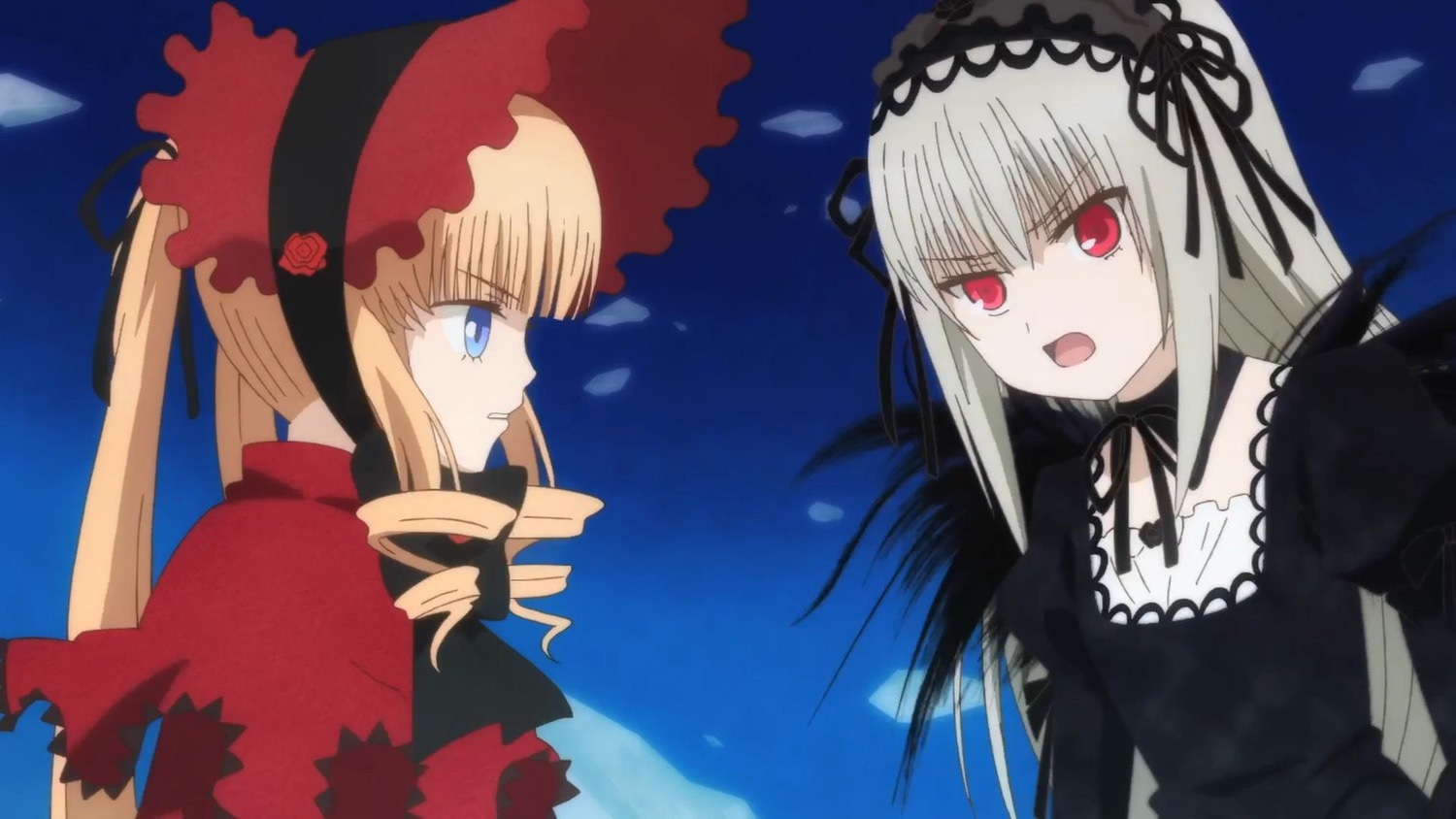 2girls blonde_hair blue_eyes bonnet dress drill_hair flower hairband image lolita_fashion lolita_hairband long_hair long_sleeves multiple_girls open_mouth pair red_eyes rose shinku silver_hair suigintou twin_drills twintails