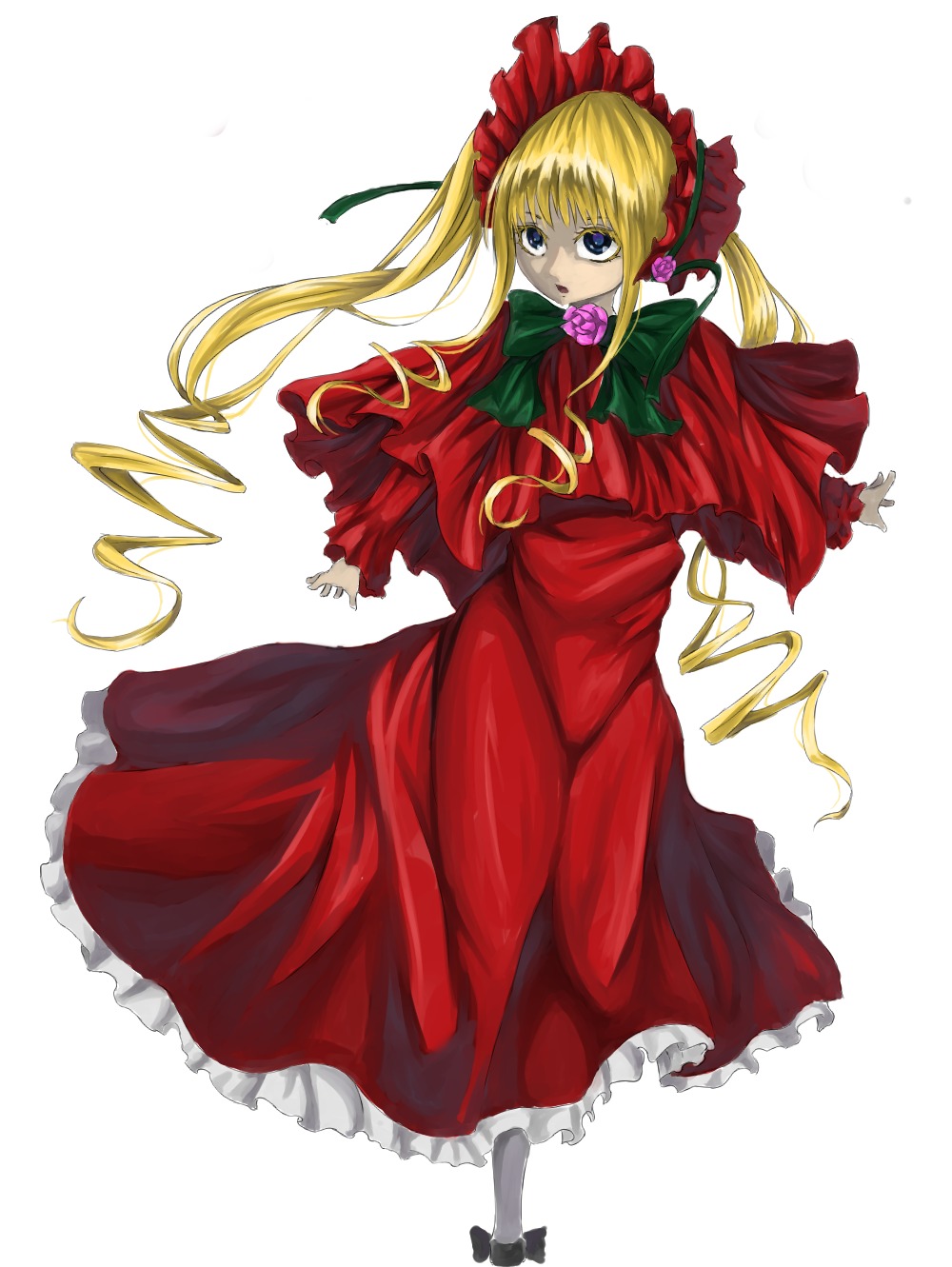 1girl blonde_hair blue_eyes bonnet bow bowtie capelet dress flower full_body green_bow image long_hair long_sleeves looking_at_viewer pink_rose red_dress rose shinku shoes sidelocks simple_background solo standing striped twintails white_background