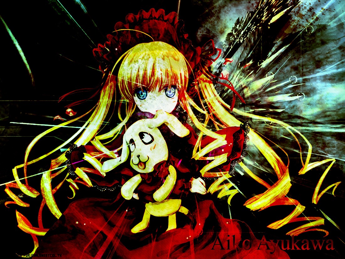 1girl blonde_hair blue_eyes bow copyright_name dress image long_hair shinku solo stuffed_animal very_long_hair