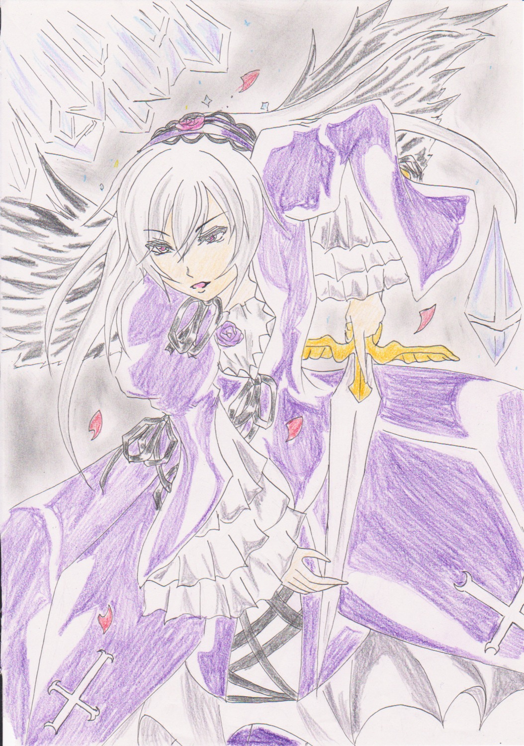 1girl black_wings dress flower frilled_sleeves frills hairband image long_hair long_sleeves petals purple_dress rose solo suigintou traditional_media watercolor_(medium) wings