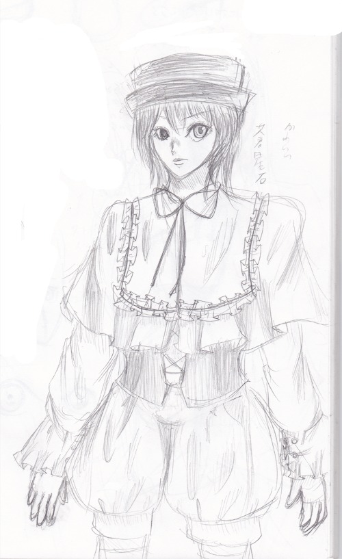 1girl capelet frills hat image long_sleeves looking_at_viewer monochrome shawl short_hair sketch solo souseiseki standing