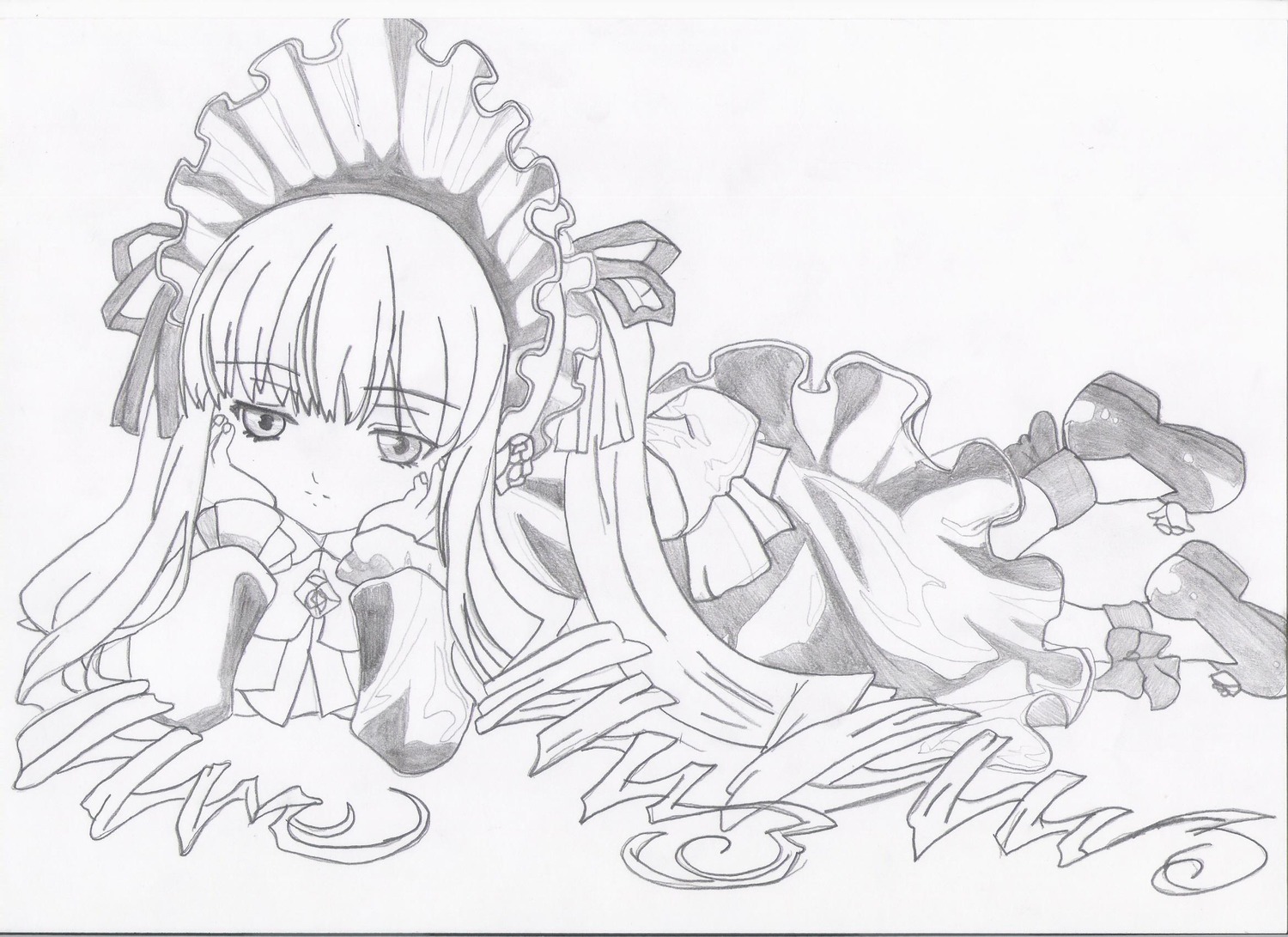 1girl blush dress drill_hair frills greyscale image long_hair long_sleeves looking_at_viewer lying monochrome on_stomach ribbon shinku solo striped tears traditional_media