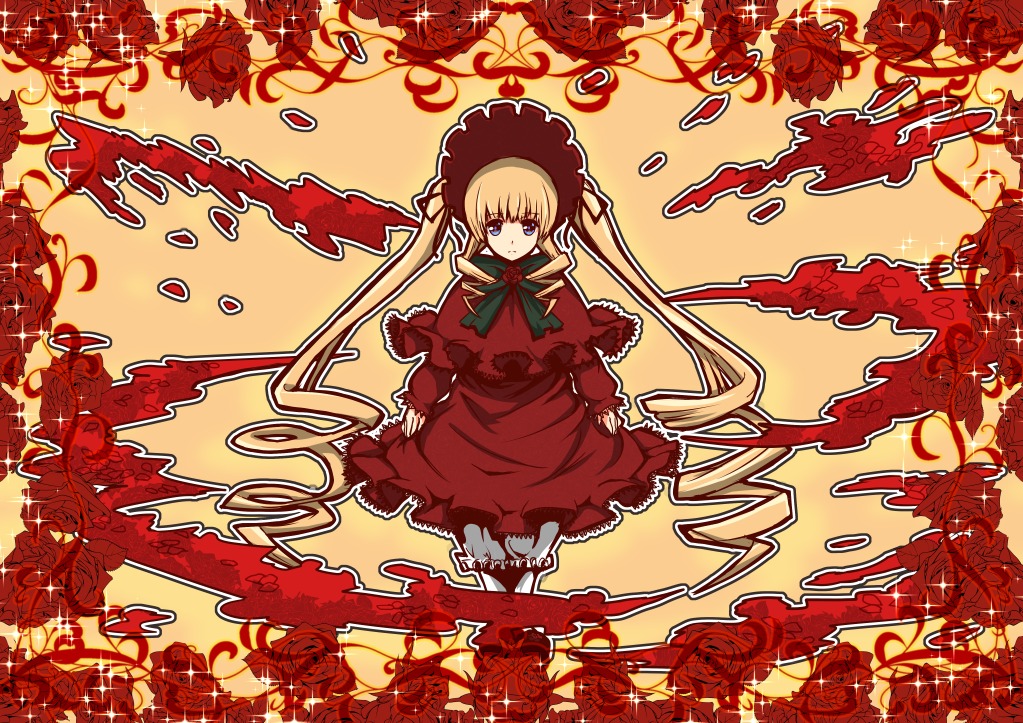 1girl blonde_hair bonnet bow capelet dress flower frills image long_hair long_sleeves looking_at_viewer red_dress red_flower red_rose red_theme rose shinku smile solo spider_lily standing twintails very_long_hair