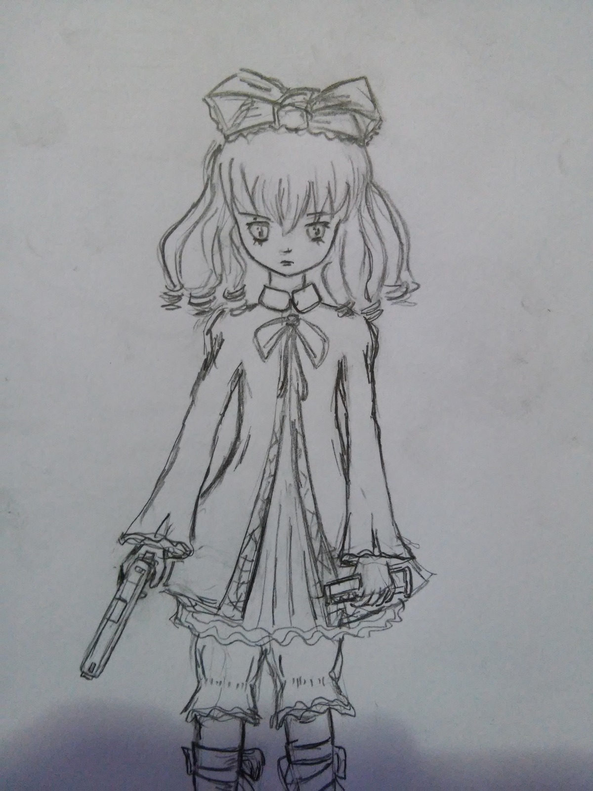 1girl bow dress front_ponytail graphite_(medium) greyscale gun hair_bow hinaichigo holding image kagiyama_hina long_sleeves looking_at_viewer monochrome ribbon sketch solo standing traditional_media weapon