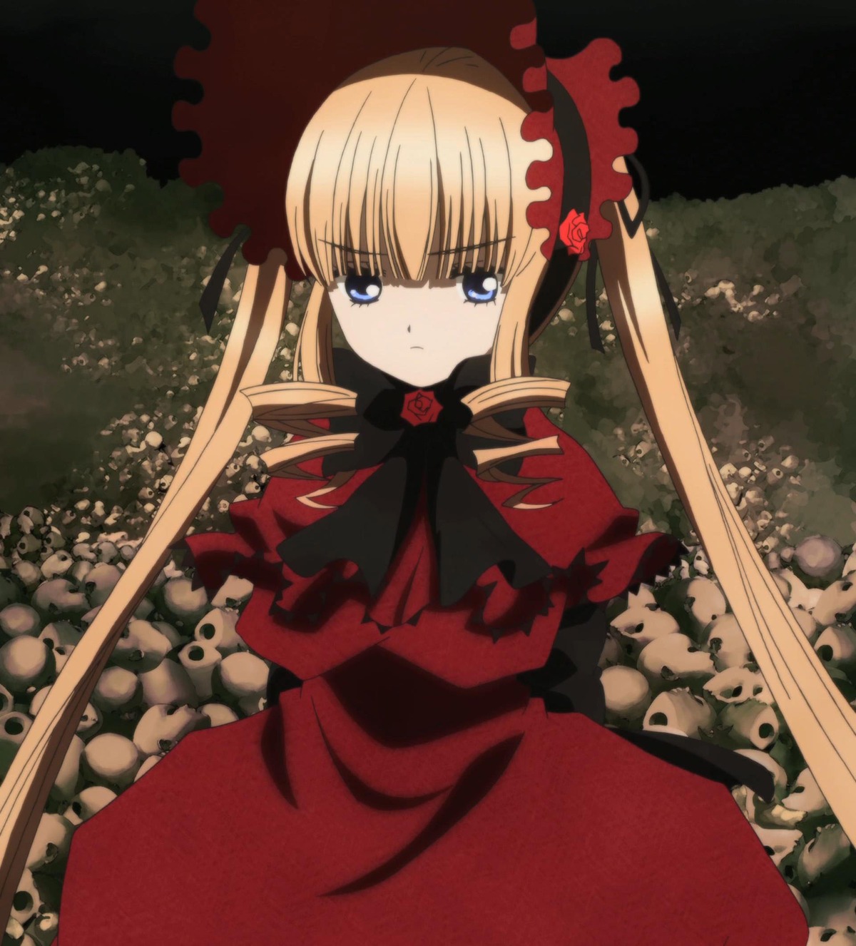 1girl blonde_hair blue_eyes bonnet bow bowtie dress flower image long_hair long_sleeves looking_at_viewer red_dress shinku solo twintails