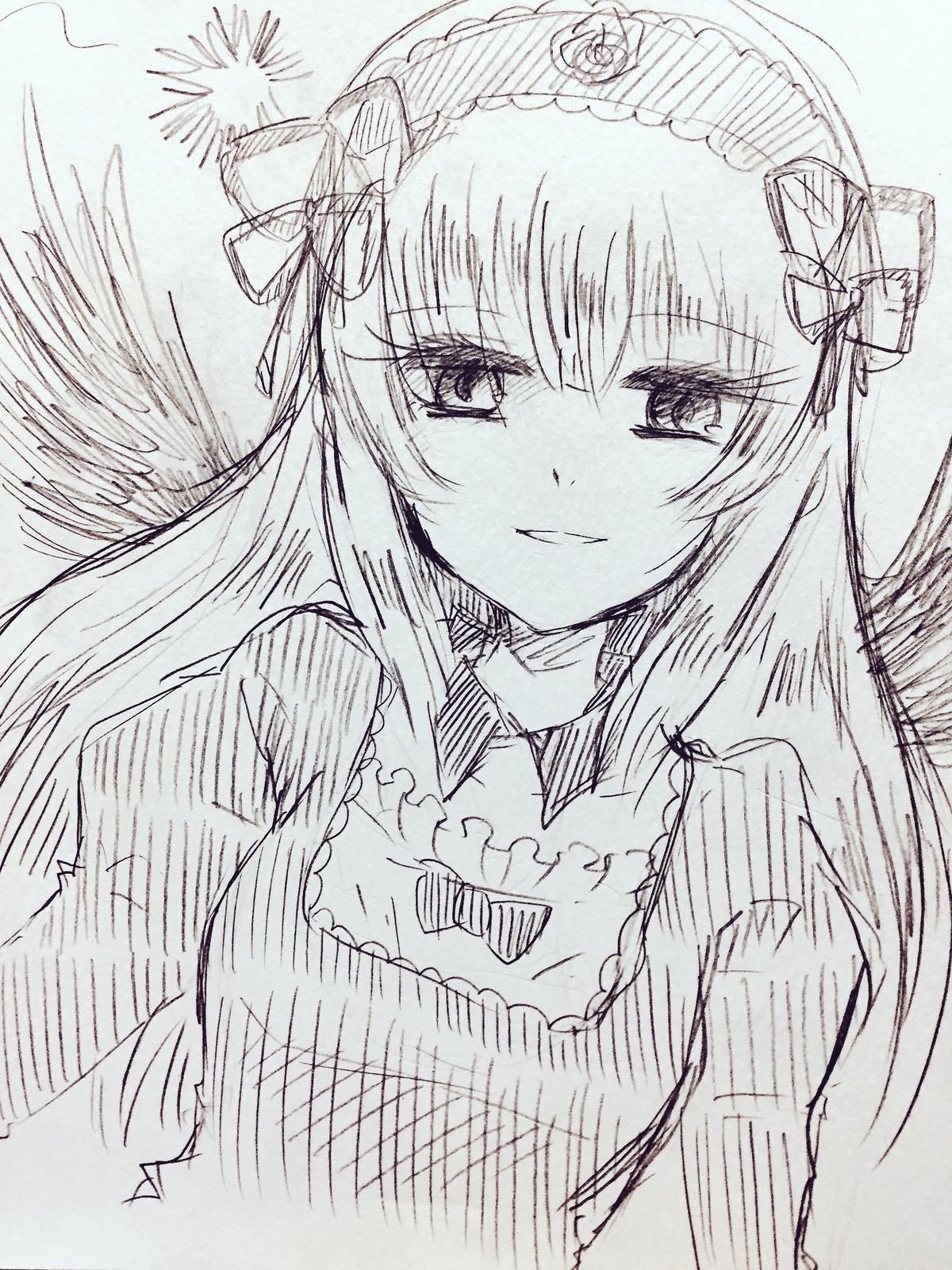 1girl bangs blush detached_collar dress eyebrows_visible_through_hair greyscale hairband image long_hair long_sleeves looking_at_viewer monochrome smile solo suigintou traditional_media upper_body wings