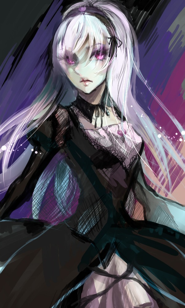 1girl black_dress detached_collar dress frills hairband image long_hair long_sleeves looking_at_viewer pink_eyes silver_hair solo suigintou very_long_hair