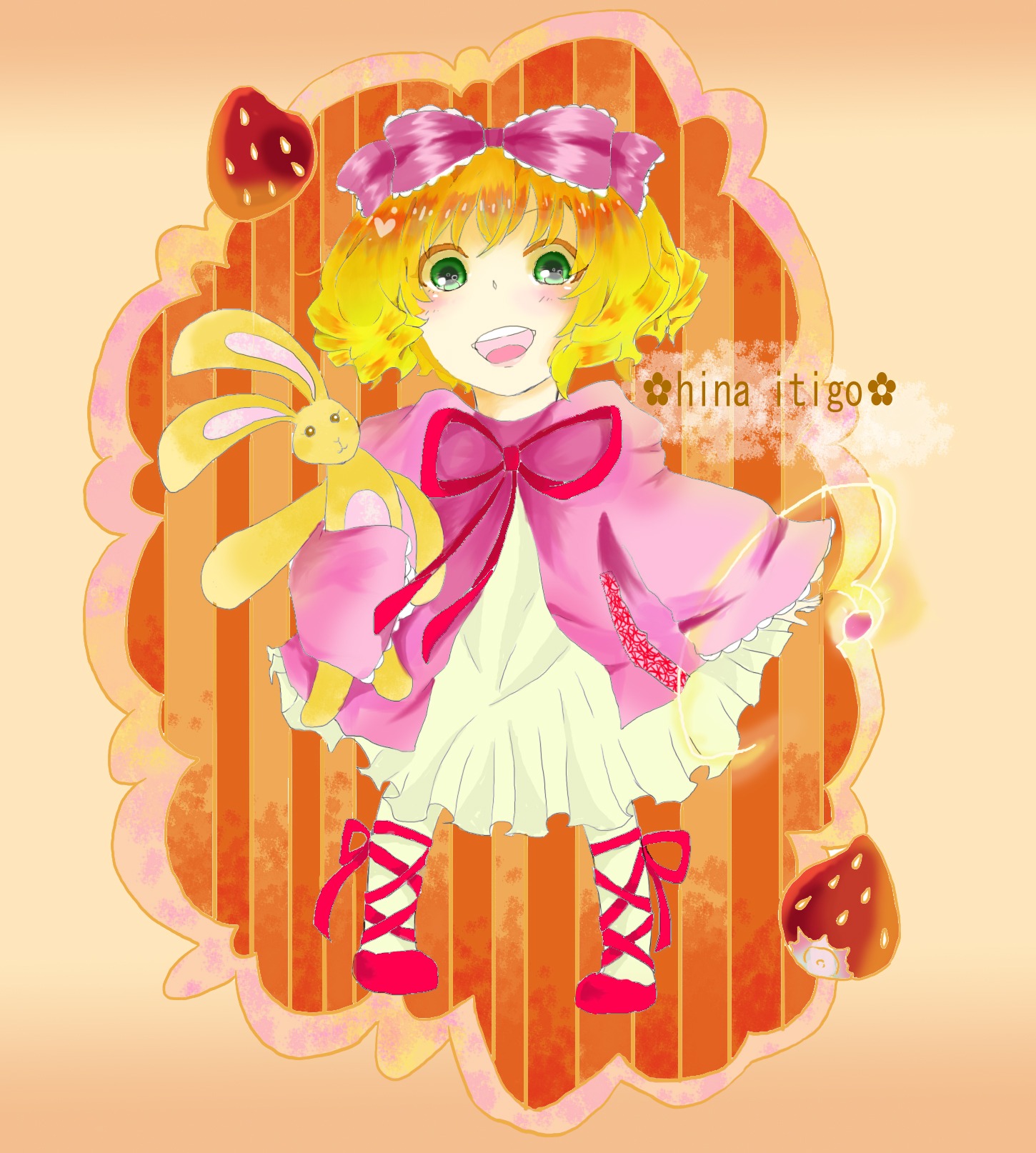 1girl blonde_hair bow cake cross-laced_footwear dress food fruit green_eyes hair_bow hina_ichigo hinaichigo image open_mouth pink_bow ribbon short_hair sitting smile solo strawberry