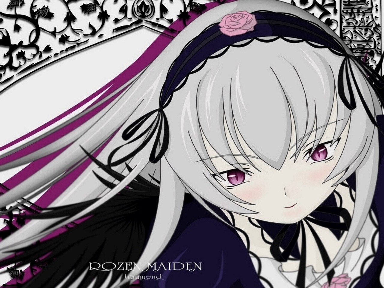 1girl artist_request black_dress black_ribbon black_wings blush copyright_name dress flower hairband image lolita_hairband long_hair looking_at_viewer pink_eyes pink_flower pink_rose ribbon rose rozen_maiden silver_hair solo suigintou upper_body very_long_hair wings