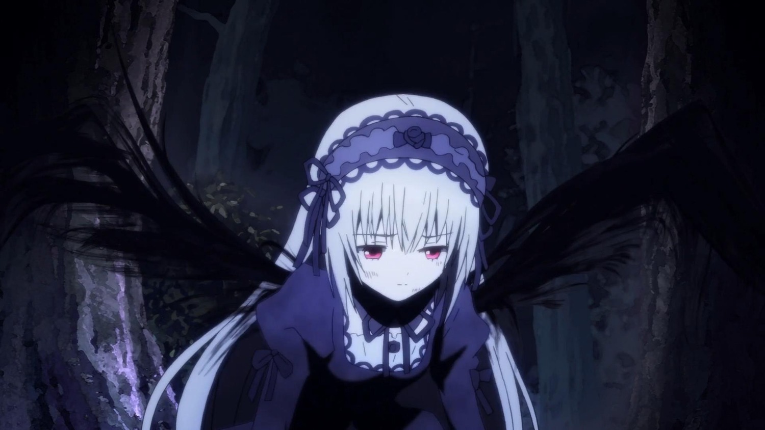 1girl bangs black_dress black_wings breasts closed_mouth detached_collar dress eyebrows_visible_through_hair frills hairband image juliet_sleeves long_hair long_sleeves looking_at_viewer night outdoors puffy_sleeves red_eyes ribbon solo suigintou very_long_hair wings
