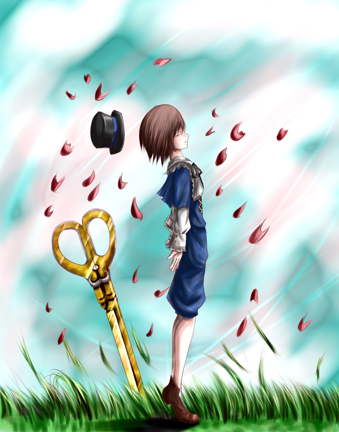brown_hair cherry_blossoms grass hat image petals rose_petals short_hair solo souseiseki weapon