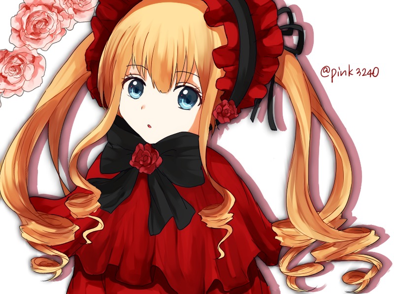 1girl blonde_hair blue_eyes bow bowtie capelet drill_hair flower image long_hair looking_at_viewer lying parted_lips pink_rose red_flower red_rose ringlets rose shinku solo twin_drills twintails twitter_username