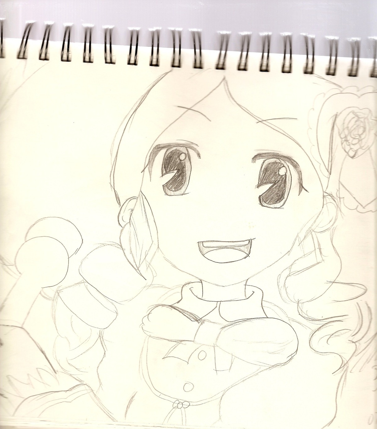 1girl :d blush drill_hair flower hat image kanaria monochrome open_mouth ringlets rose smile solo top_hat twin_drills