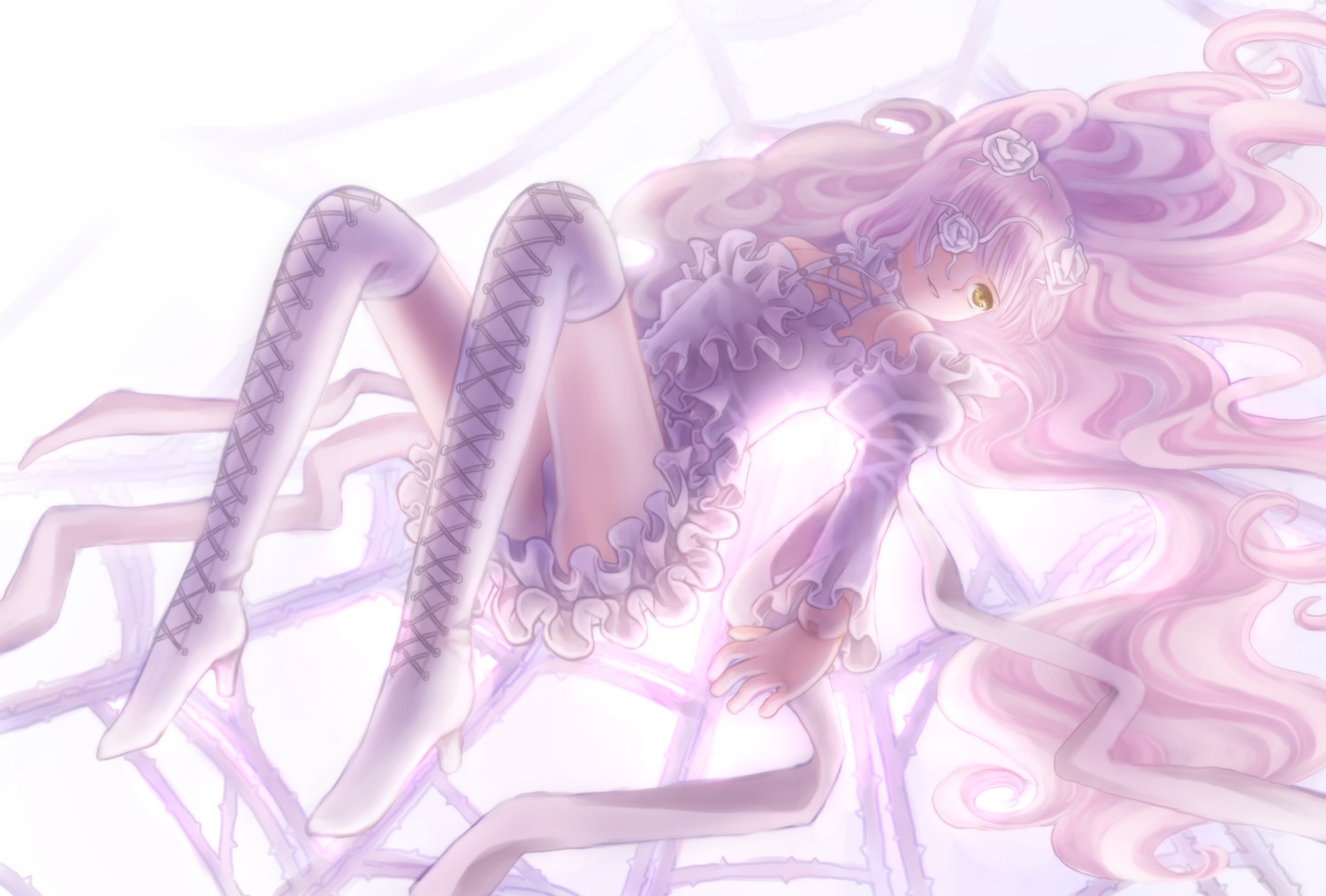 1girl boots cross-laced_footwear dress flower frills hair_flower hair_ornament high_heel_boots high_heels image kirakishou knee_boots long_hair pink_hair rose solo thigh_boots thighhighs underwear very_long_hair white_footwear yellow_eyes