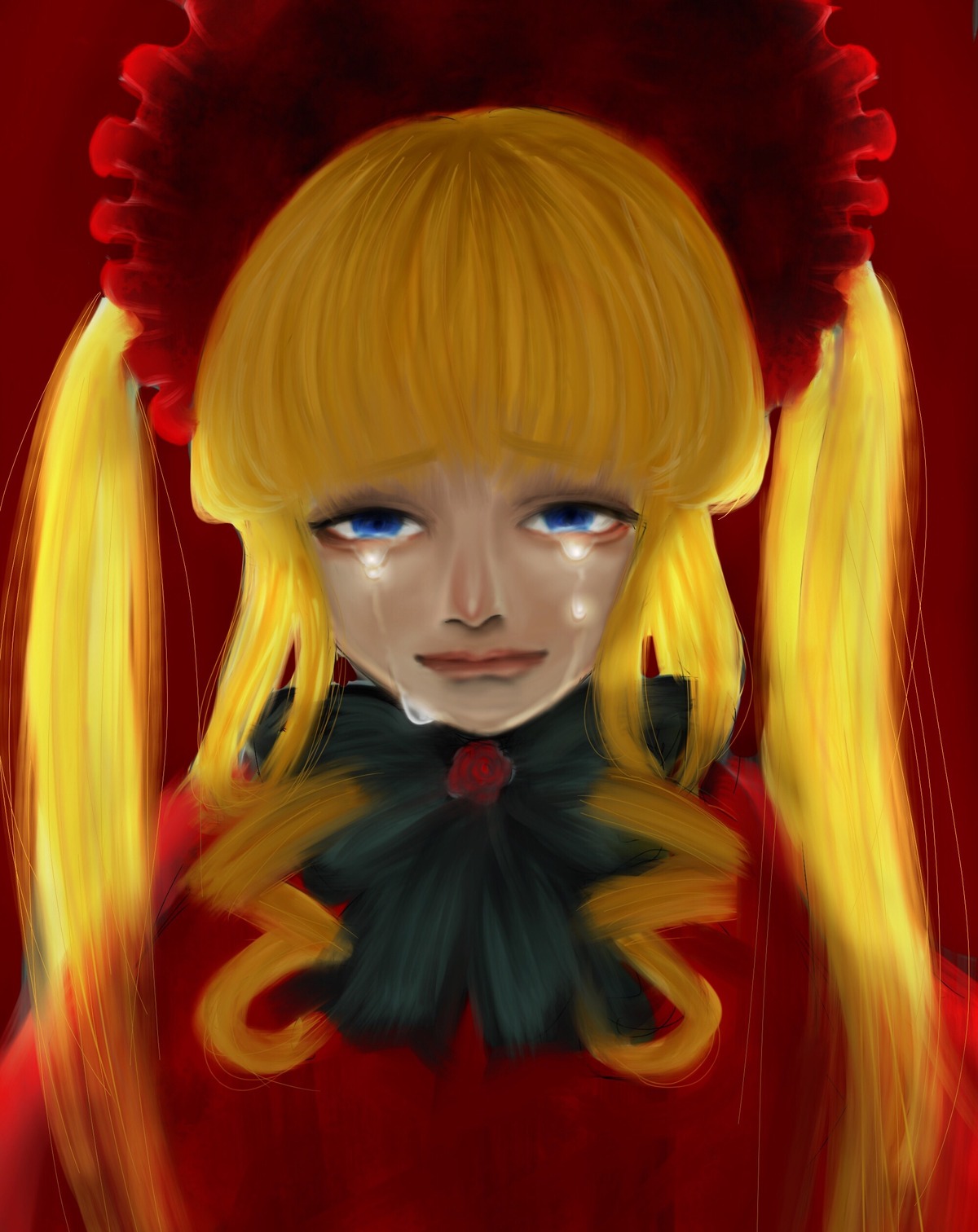 1girl bangs blonde_hair blue_eyes bow crying crying_with_eyes_open drill_hair flower image lips long_hair looking_at_viewer portrait red_background rose shinku sidelocks simple_background solo tears twintails upper_body