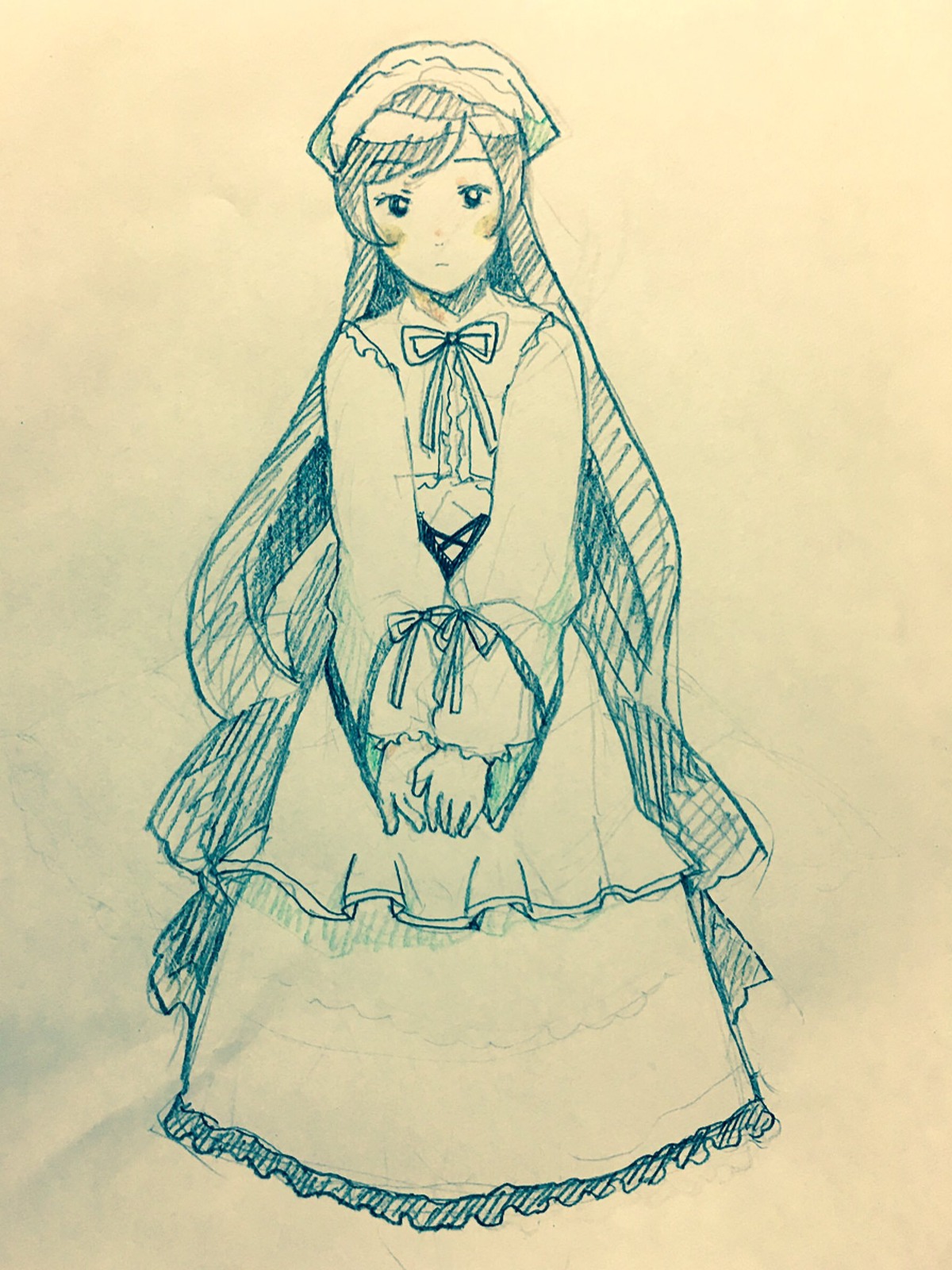 1girl bangs blush closed_mouth dress frills full_body hat image long_hair long_sleeves looking_at_viewer monochrome ribbon simple_background sketch solo standing suiseiseki traditional_media very_long_hair wide_sleeves