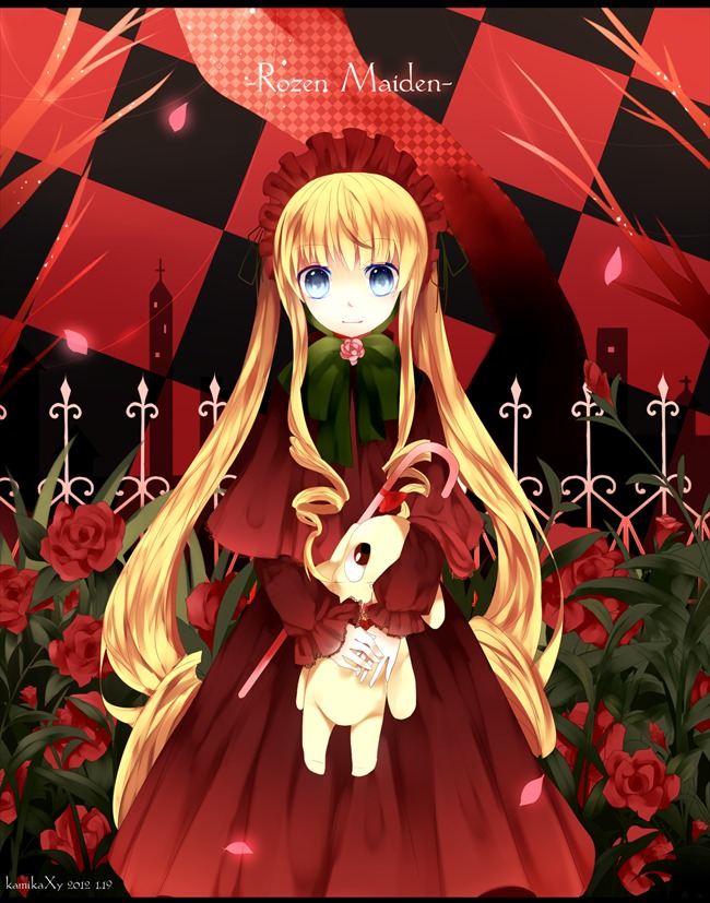 1girl argyle argyle_background blonde_hair blue_eyes bow checkered checkered_background checkered_floor chess_piece copyright_name dress flower image long_hair petals pink_rose red_dress red_flower red_rose red_theme rose rose_petals shinku sitting solo tile_floor tiles very_long_hair