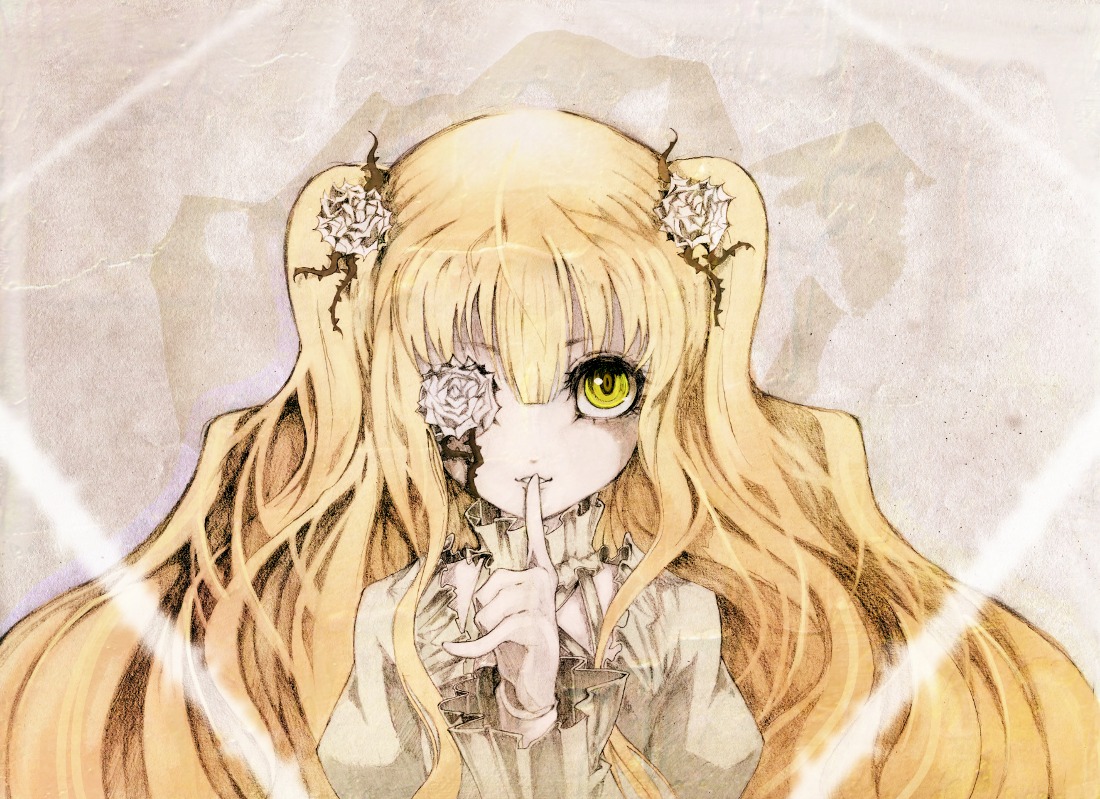 1girl blonde_hair eyepatch finger_to_mouth flower hair_flower hair_ornament image kirakishou long_hair rose smile solo yellow_eyes