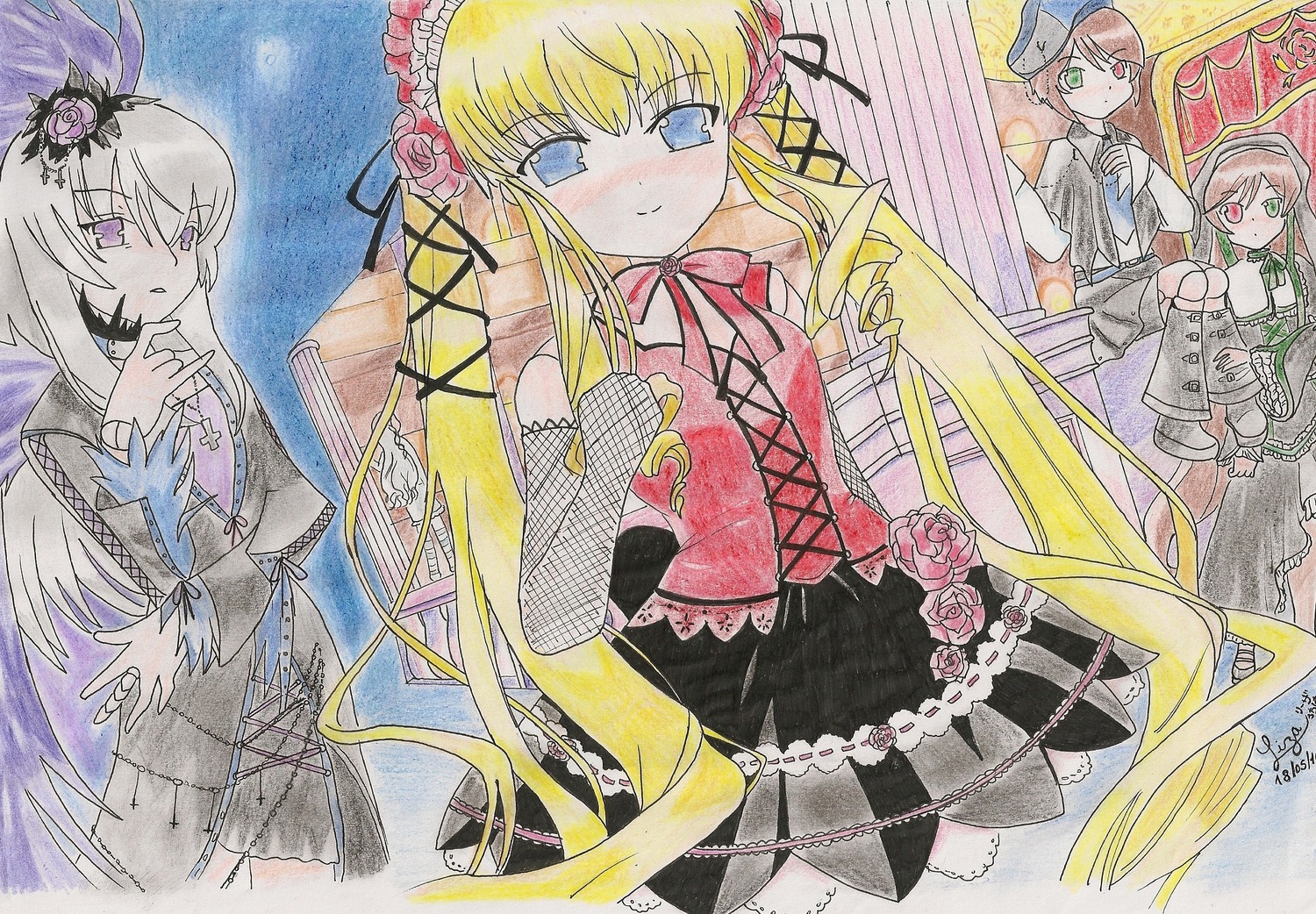 auto_tagged blonde_hair blue_eyes dress flower heterochromia image long_hair multiple multiple_girls red_eyes rose shinku suigintou suiseiseki tagme traditional_media twintails very_long_hair wings