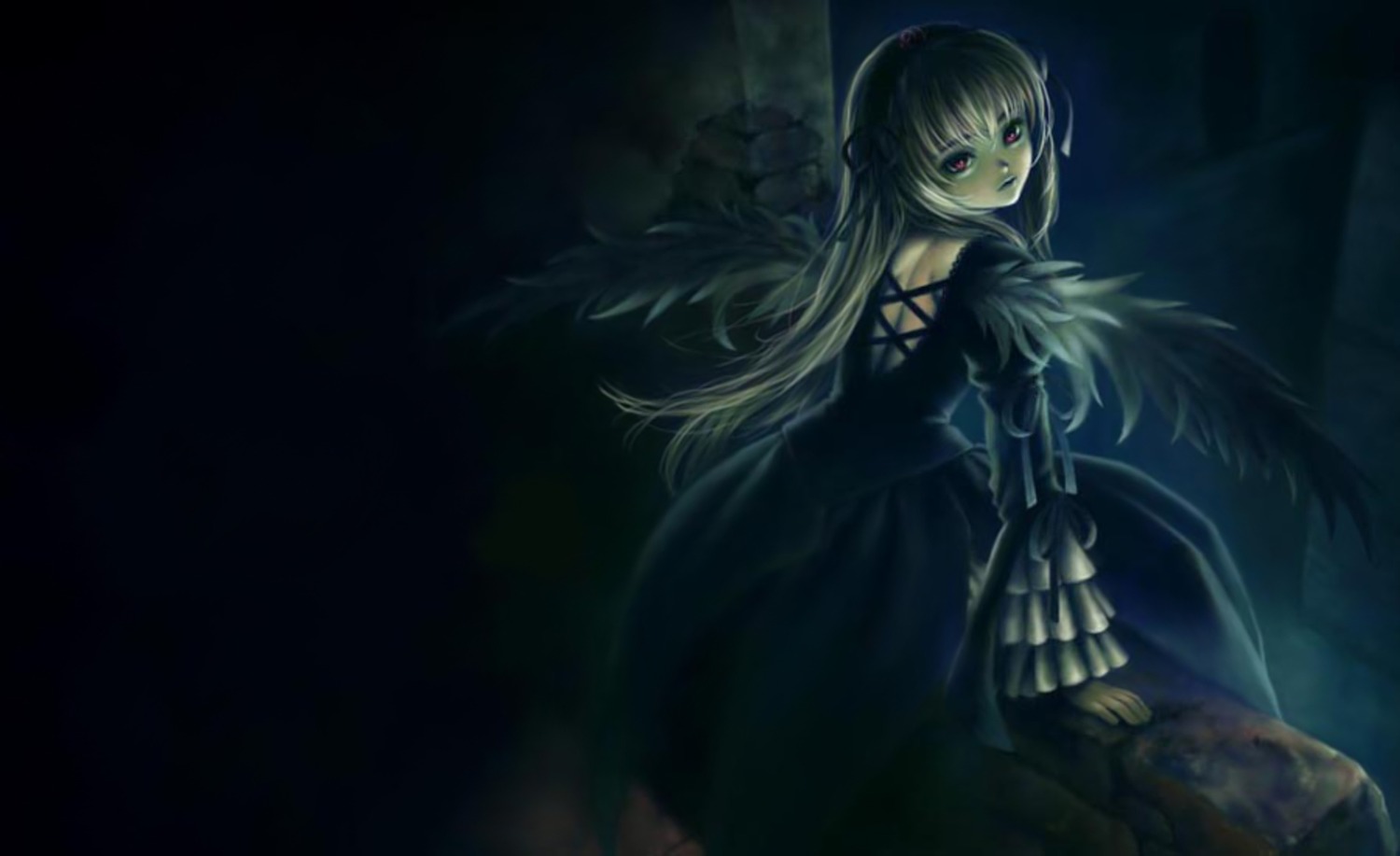 1girl black_dress black_wings dark dress frills gothic_lolita image lolita_fashion long_hair long_sleeves looking_at_viewer looking_back red_eyes ribbon solo suigintou very_long_hair wings