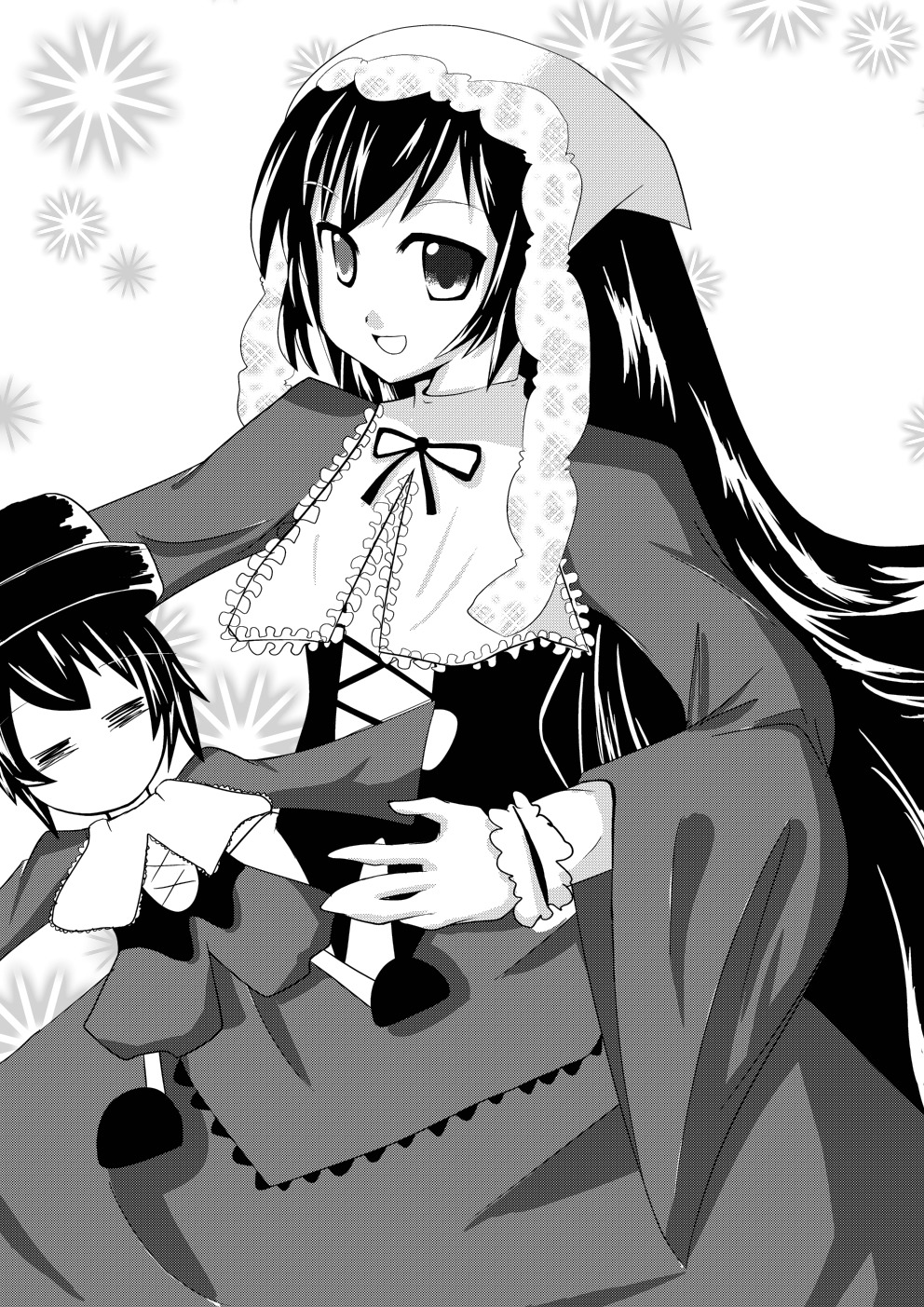 1girl capelet dress frills greyscale hat image long_hair long_sleeves monochrome open_mouth pair ribbon short_hair smile souseiseki suiseiseki very_long_hair