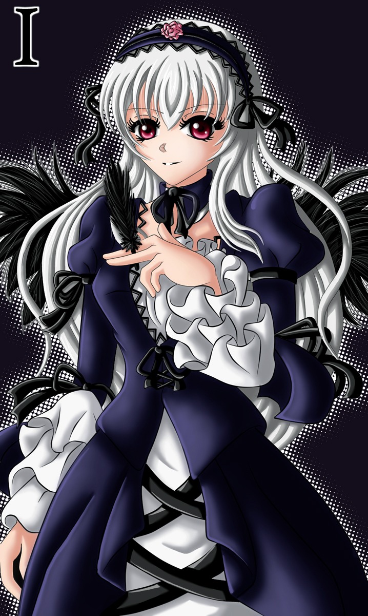 1girl detached_collar dress flower frills hairband image juliet_sleeves long_hair long_sleeves looking_at_viewer pink_eyes puffy_sleeves red_eyes ribbon rose silver_hair solo suigintou wings