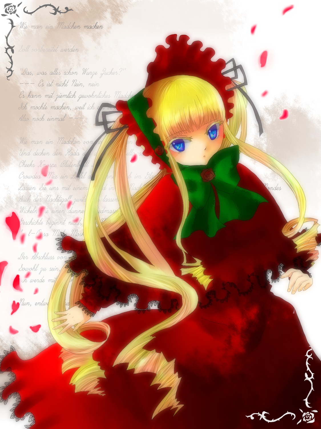 1girl blonde_hair blue_eyes bonnet bow bowtie dress drill_hair flower green_bow green_neckwear image long_hair long_sleeves looking_at_viewer petals red_dress rose_petals shinku solo twintails very_long_hair