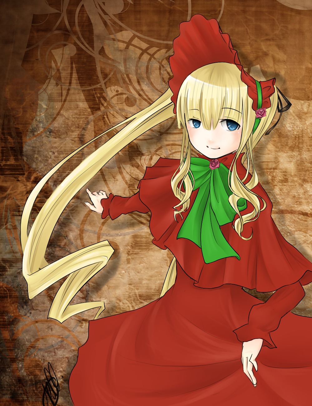 1girl blonde_hair blue_eyes bonnet bow bowtie capelet dress flower green_bow green_neckwear image long_hair long_sleeves looking_at_viewer red_capelet red_dress shinku sidelocks signature solo standing