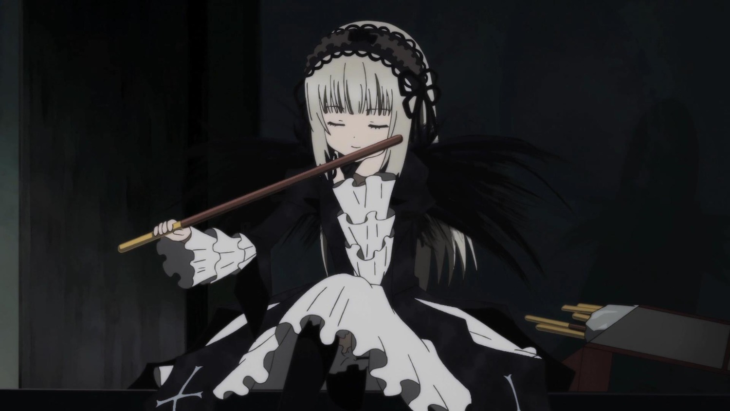 1girl bangs black_dress black_ribbon black_wings closed_eyes closed_mouth dress eyebrows_visible_through_hair frills hairband holding image juliet_sleeves knees_up long_hair long_sleeves pipe sitting solo suigintou wings