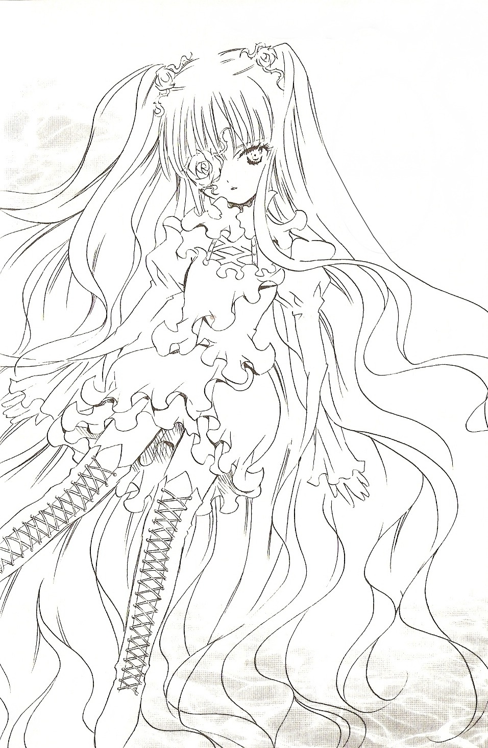 1girl boots bow cross-laced_footwear dress frills greyscale image kirakishou knee_boots lace-up_boots lineart long_hair monochrome solo thigh_boots thighhighs very_long_hair