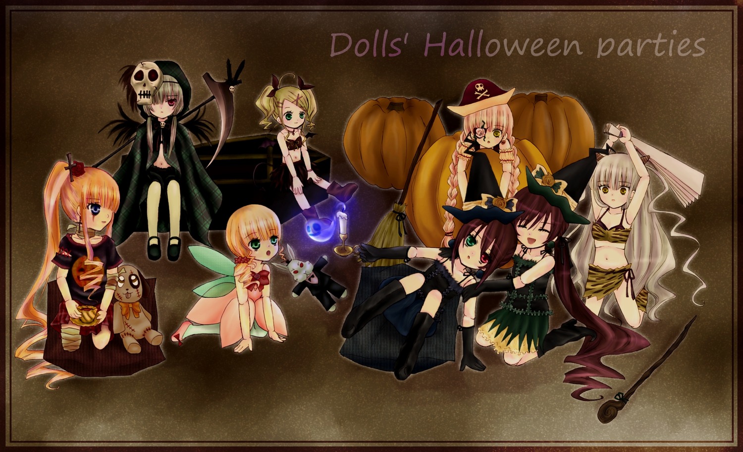 blonde_hair cape gloves green_eyes halloween hat image jack-o'-lantern long_hair multiple multiple_girls pumpkin tagme twintails wings witch_hat