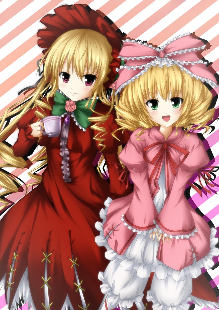 2girls blonde_hair bow cup dress frills green_eyes hinaichigo image long_hair multiple_girls open_mouth pair red_eyes ribbon shinku smile striped_background tea teacup