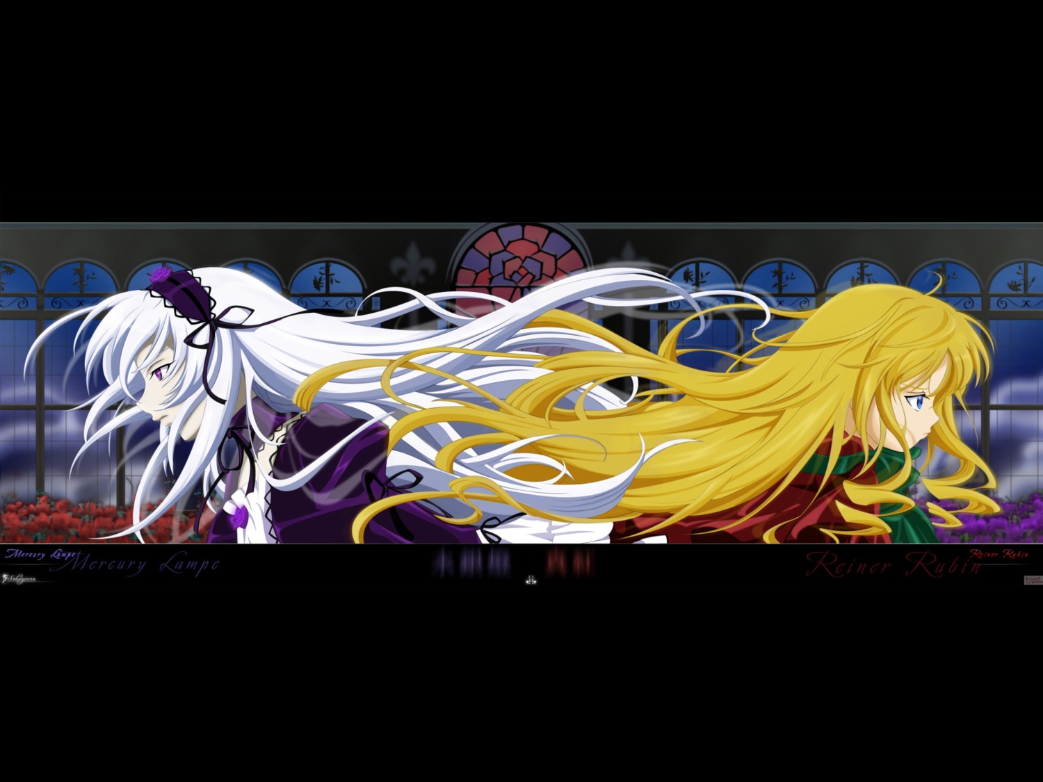 2girls blonde_hair blue_eyes copyright_name dress flower frills hairband image letterboxed long_hair multiple_girls pair profile purple_eyes ribbon rose shinku suigintou very_long_hair wings