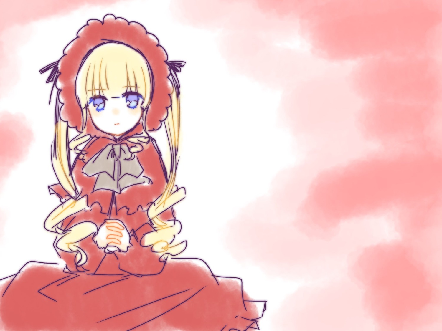 1girl bangs blonde_hair blue_eyes blush bonnet bow bowtie dress drill_hair image long_hair long_sleeves looking_at_viewer red_dress shinku sitting solo twintails