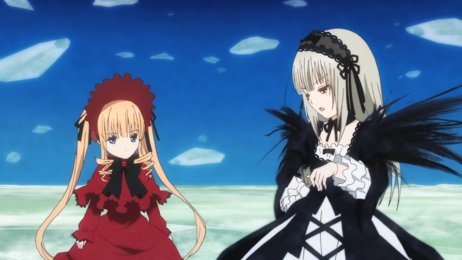 2girls black_wings blonde_hair blue_eyes bonnet bow day dress drill_hair flower frills hairband image long_hair long_sleeves multiple_girls pair red_dress red_eyes shinku silver_hair sky suigintou twintails very_long_hair wings