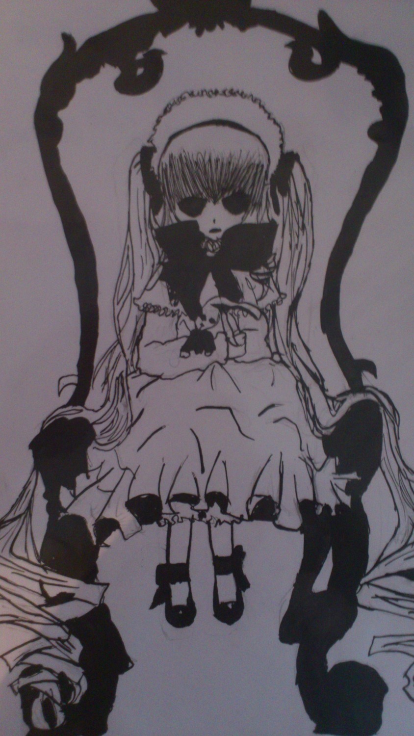 1girl chair dress full_body holding image long_hair long_sleeves looking_at_viewer monochrome shinku shoes sitting solo twintails very_long_hair