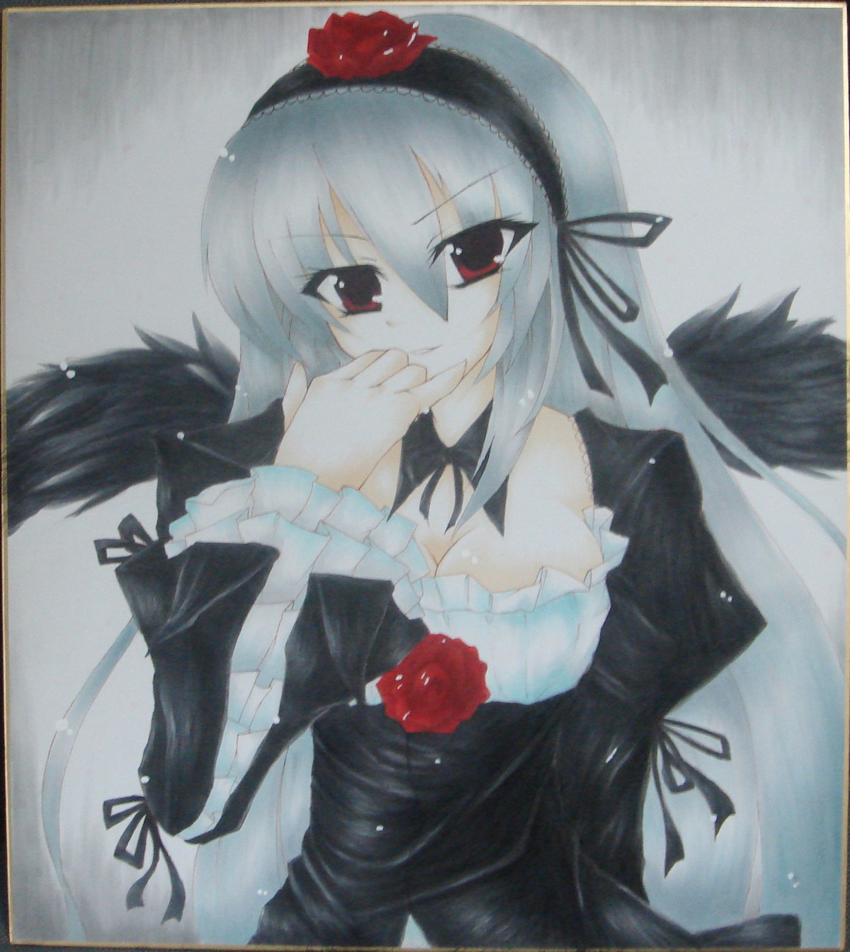 1girl black_dress black_ribbon black_wings breasts cleavage colored_pencil_(medium) detached_collar dress flower frills hairband image long_hair long_sleeves looking_at_viewer marker_(medium) millipen_(medium) pastel_(medium) photo red_eyes red_flower red_rose ribbon rose shikishi silver_hair solo suigintou traditional_media wings