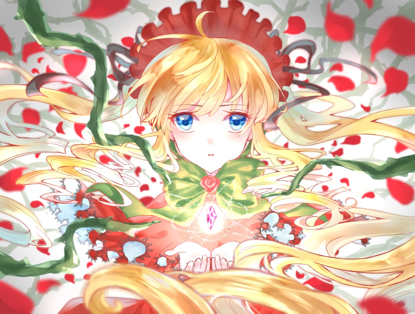 1girl blonde_hair blue_eyes blurry depth_of_field dress flower green_bow image long_hair looking_at_viewer lying on_back petals ribbon rose rose_petals shinku solo twintails very_long_hair