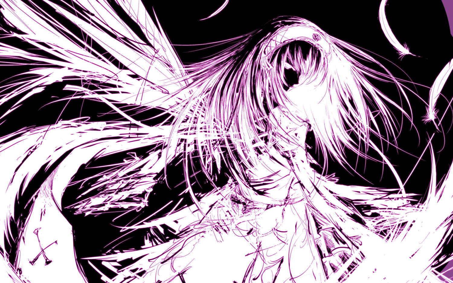 1girl feathered_wings image kaname_madoka long_hair monochrome solo suigintou wings