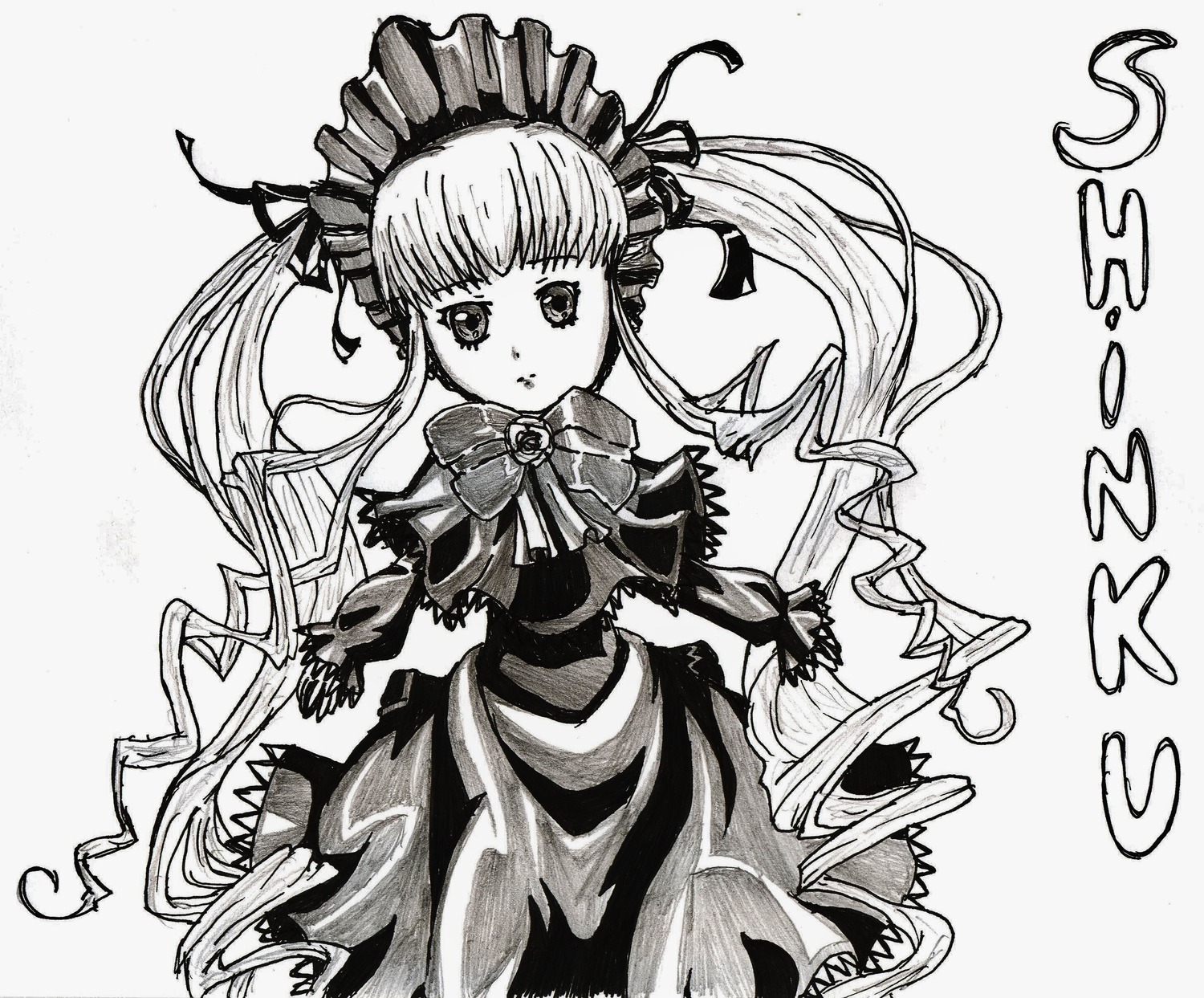 1girl bonnet bow bowtie dress greyscale image long_hair looking_at_viewer monochrome ribbon shinku solo twintails