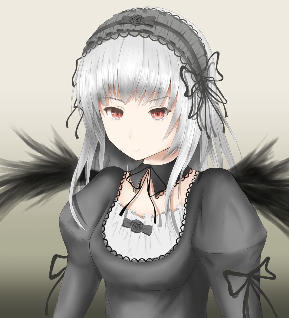 1girl black_wings closed_mouth detached_collar dress expressionless feathered_wings feathers frills hairband image joints juliet_sleeves lolita_fashion long_hair long_sleeves looking_at_viewer puffy_sleeves red_eyes ribbon silver_hair simple_background solo suigintou upper_body wings